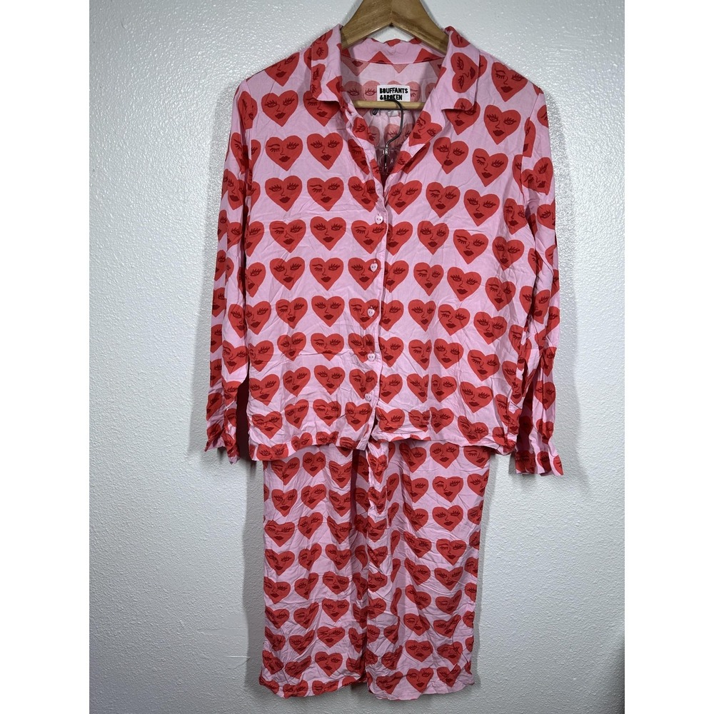 Bouffants & Broken Hearts‎ Pajama Set Womens Small Pink Red Heart Print 2 Piece